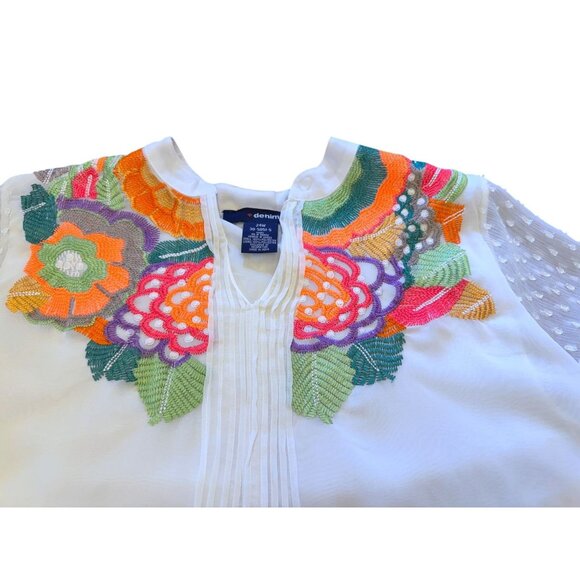 Denim 24/7 Ivory Embroidered Tunic Blouse With Sheer Sleeves Size 24W - Picture 4 of 9